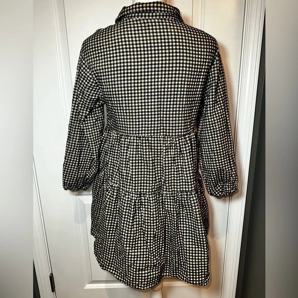 Zara Black Cream Gingham Tiered Babydoll Blouse Women’s 13/14 - Picture 3 of 10